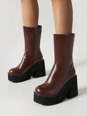 Шикарные женские готические ботинки до середины икры на платформе, на массивном высоком каблуке, панк, уличная мода, мотоциклетные ботинки, ботинки для верховой езды, короткие ботинки