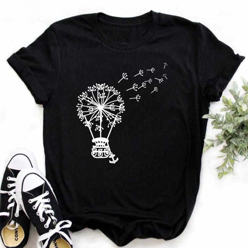 Летняя женская футболка с принтом одуванчика, свободные женские рубашки больших размеров, повседневная футболка с коротким рукавом, топ, черные модные футболки с круглым вырезом