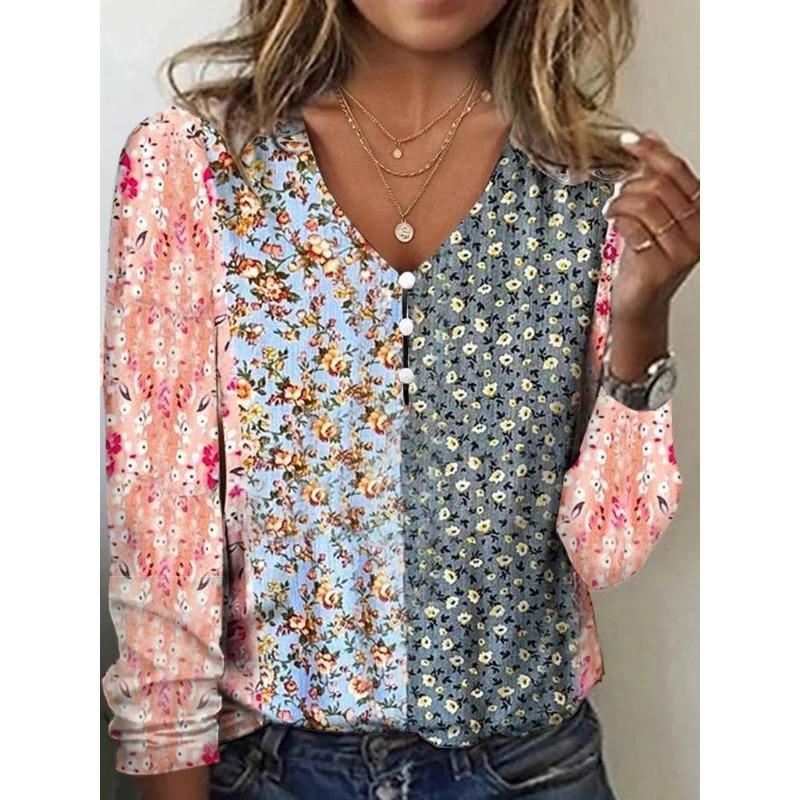 Spring and Autumn Women's Blouse V Collar Star Tie-dye Pearl Buttons Long Sleeve T-shirt