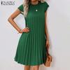 Women Summer Casual Round Neck Short Sleeve Loose Pleated Dress