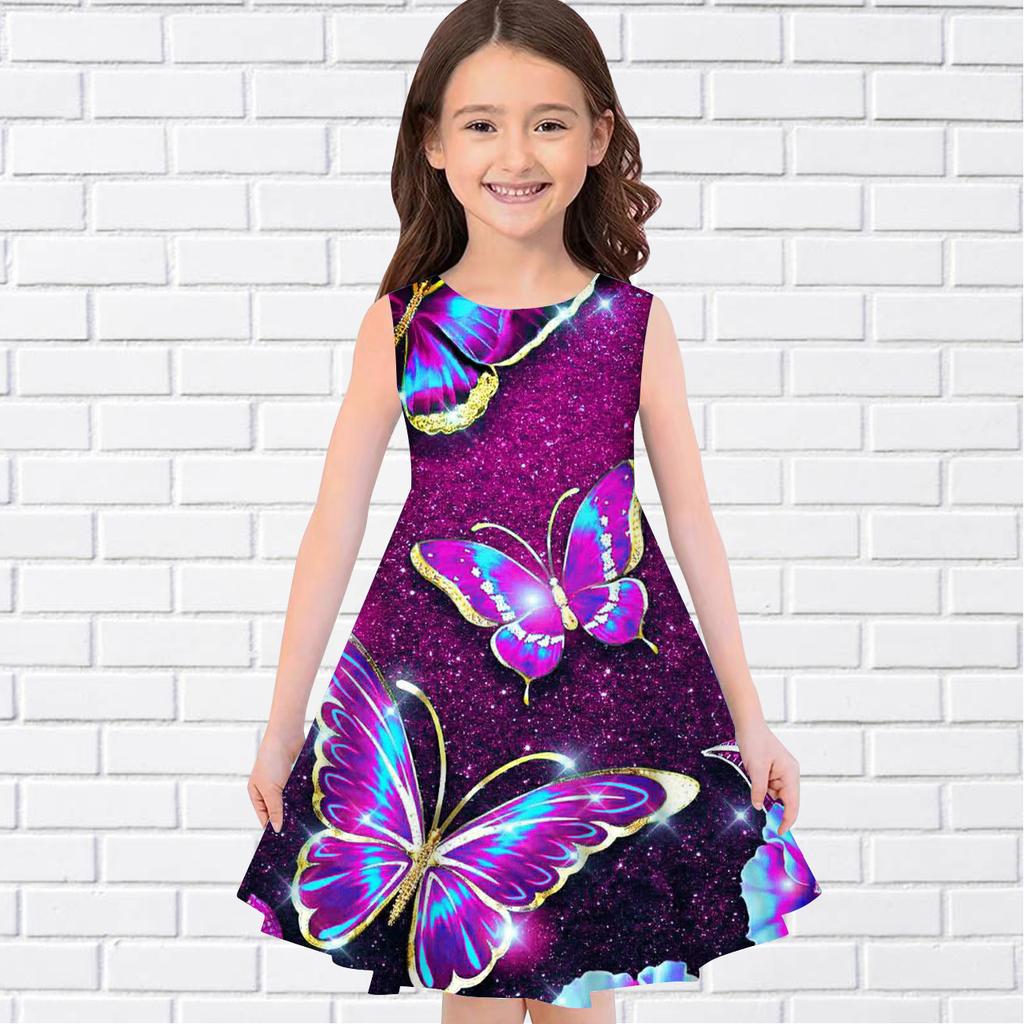 Пышная юбка без рукавов с 3D принтом бабочки для девочек, платье принцессы без рукавов, платье-майка с 3D принтом бабочки для девочек, лето 2022 г.