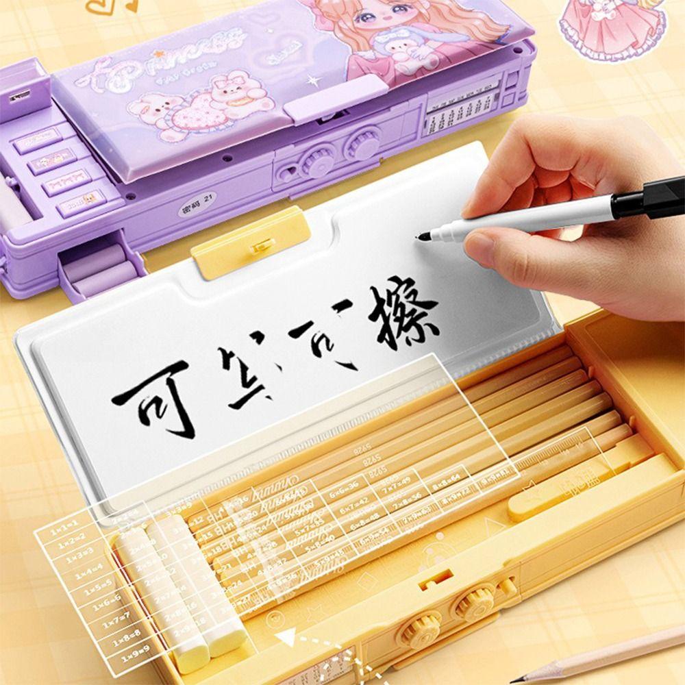 Double Layer Pencil Case with Combination Lock Pen Bag Cartoon Stationery Organizer  School Office