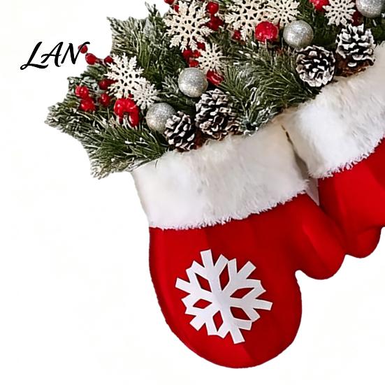 Holiday Front Door Decor Christmas Mitten/Stocking Wreath, Decorative Artificial Wreath with Berries Pine Cones, Cone Berry Branches, Hanging
