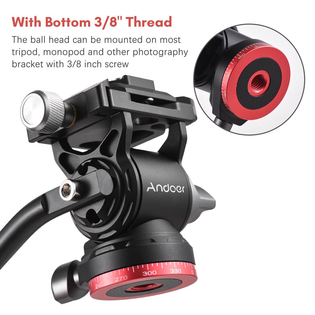 Andoer Compact Video Fluid Head Pan Tilt Tripod Head Panorama Ballhead Tripod Mount Aluminum Alloy