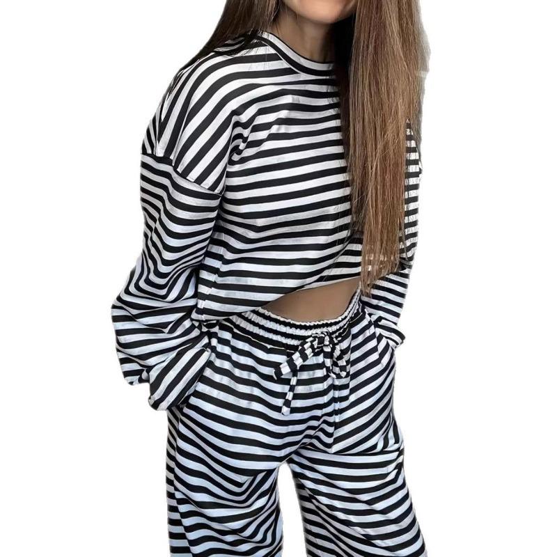 Женский однотонный простой пижамный комплект в полоску, брюки с регулируемой кулиской и контрастный топ с круглым вырезом