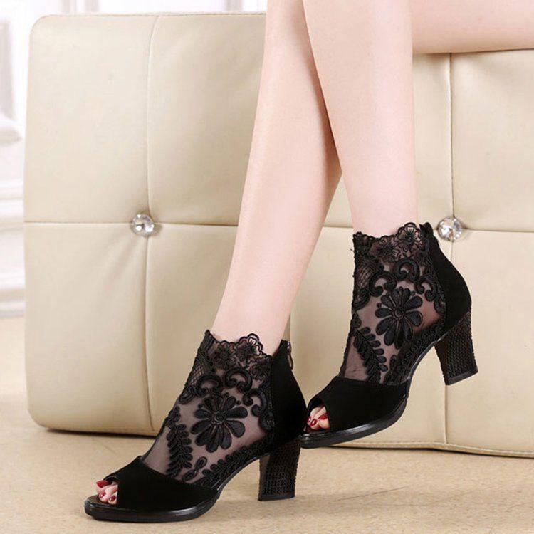 Women's Fashion Hollow-out Zipper Thick Heel Shoes Mesh Coarse Heels Lace Fish Mouth Sandals