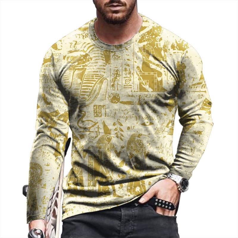 Осенняя мужская футболка с круглым вырезом и принтом в виде древнеегипетского 3D-принта, повседневная, с длинным рукавом, свободный свитер, модные топы, уличная мужская одежда