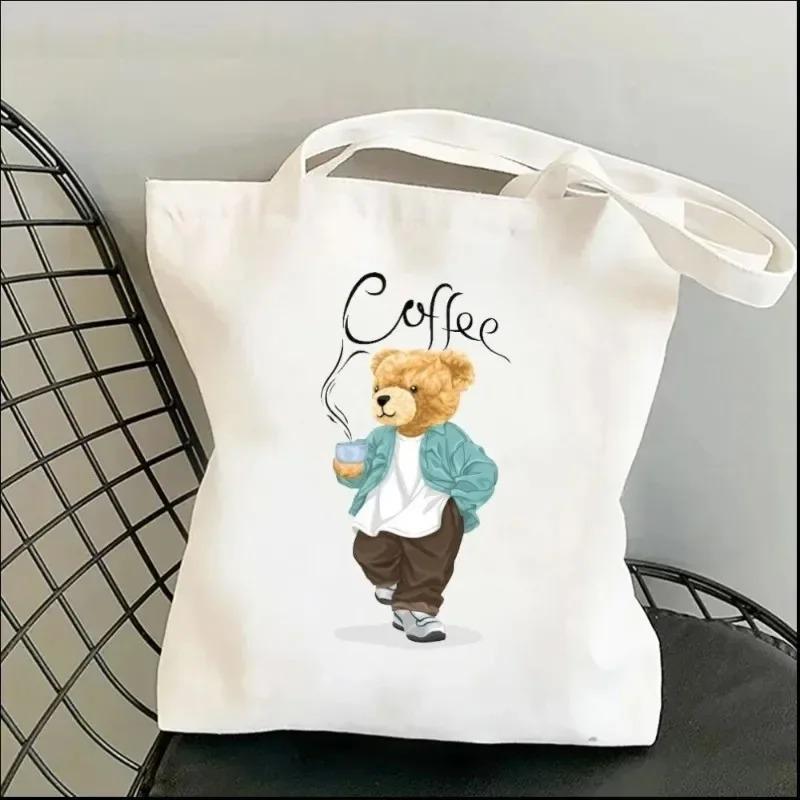 Harajuku Cute Bear Art Shoulder Bags Kawaii Tote Handbag Canvas Girl Environmental Large Capacity Portable Shopping Bag