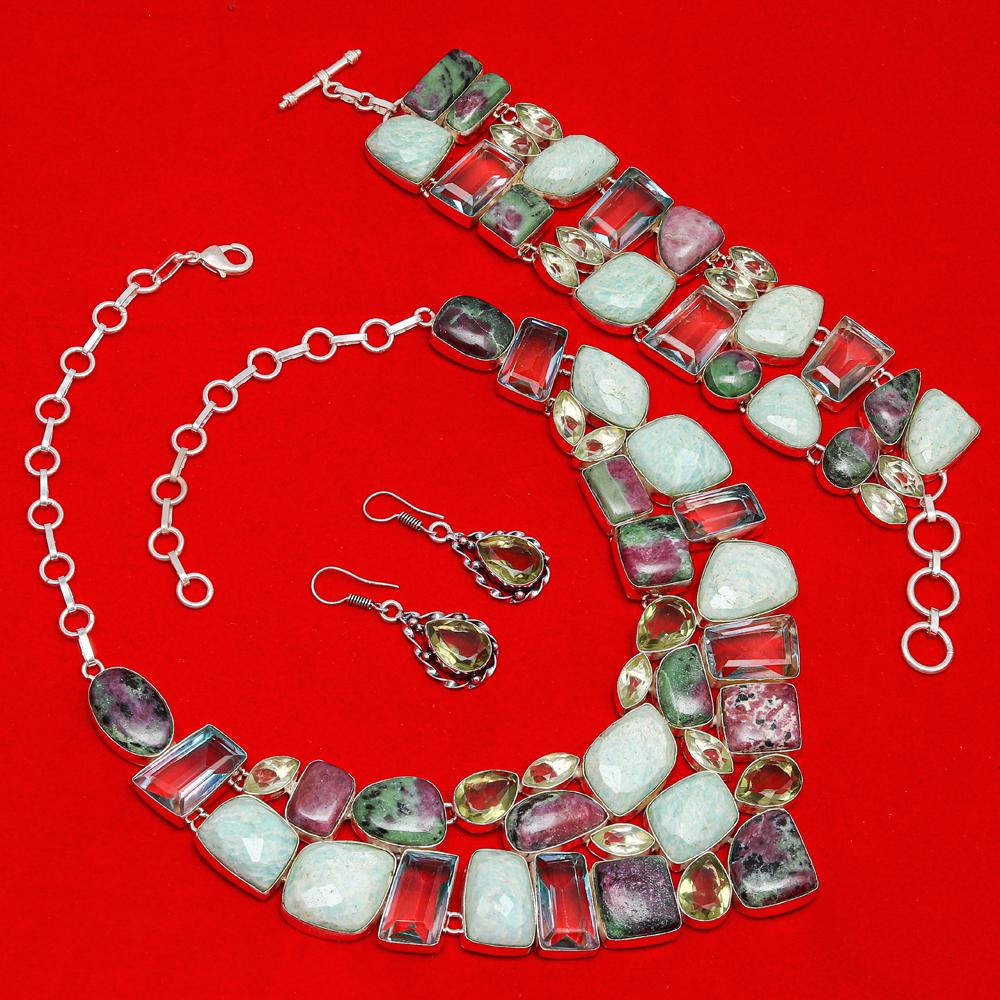 Комплект украшений из амазонита, яшмы, рубина, цоизита, ожерелье 16-18 дюймов