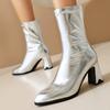 Модные сексуальные ботильоны для женщин 2024 зимние черные белые золотые серебряные короткие ботинки на высоком каблуке с молнией для вечеринок танцевальная обувь для женщин большого размера 45