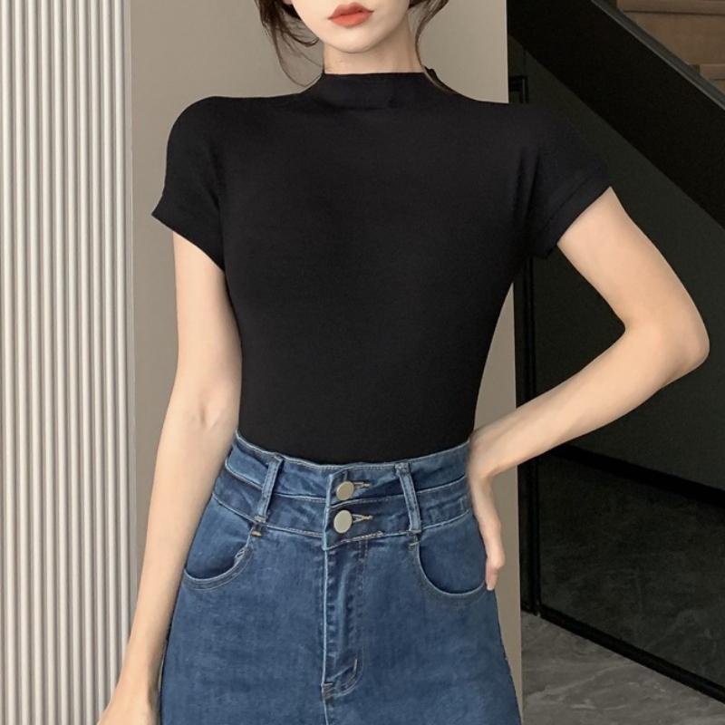 Summer Pure Desire Style Half High Neck Short Sleeved T-shirt for Women's Slim Fit and Slimming Bottom Shirt Top with Student Women's Tank Top