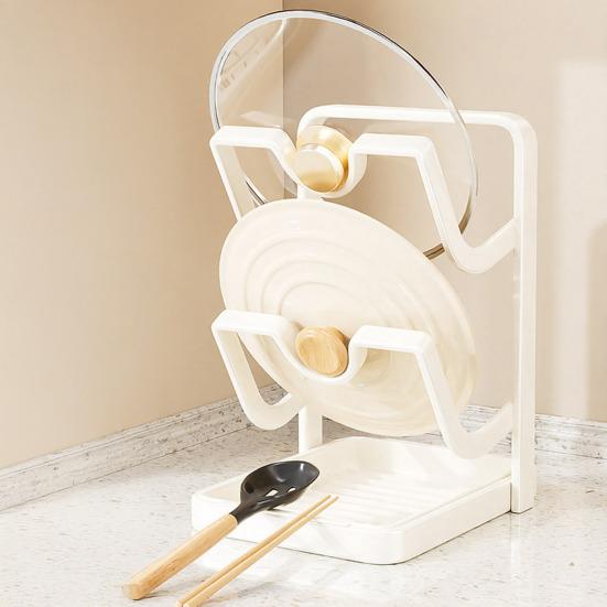 Yousheng Настольный органайзер для крышек от кастрюль, подставка для хранения крышек от сковородок со съемным поддоном для капель и подставкой для ложки, органайзер для кухонной столешницы во время приготовления пищи для крышек