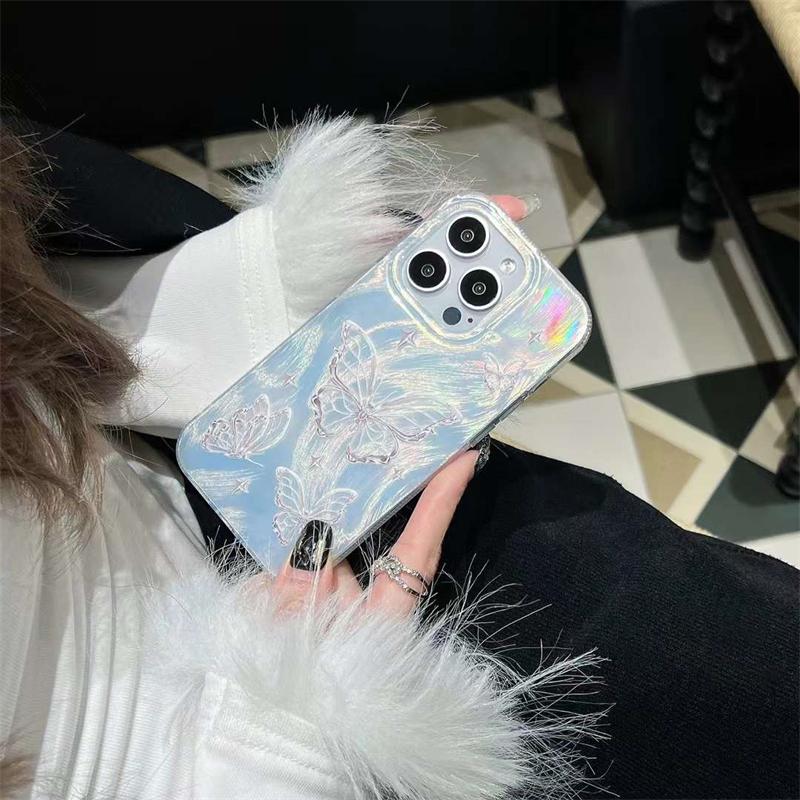Корейский чехол для телефона с лазерным рисунком ракушки и перьями бабочки для iPhone 15 13 Pro Max 14 Pro 12 11, роскошный блестящий чехол