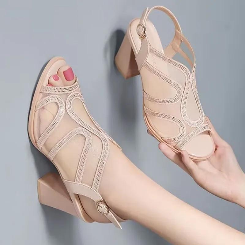 Туфли женские с открытым носком женские босоножки больших размеров женские сандалии с кристаллами сетчатые с пряжкой на ремешке туфли на толстом каблуке женские