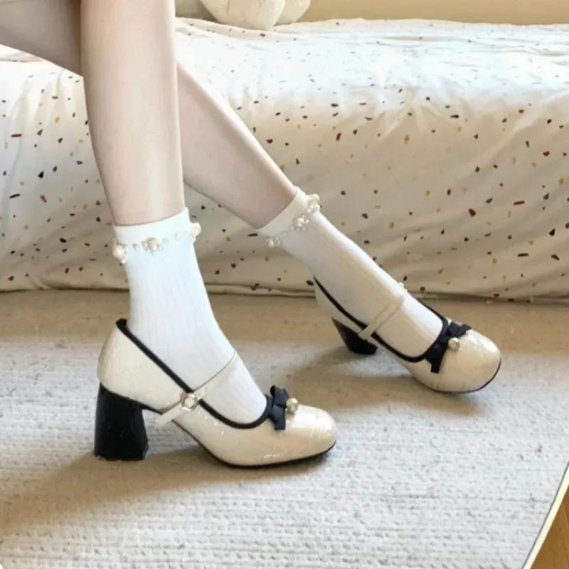 2025Women's Bow Design Round Toe Low Heel Shoes Cute Girly Style Autum Pu Leather Mid-Heel Lolita Shoes