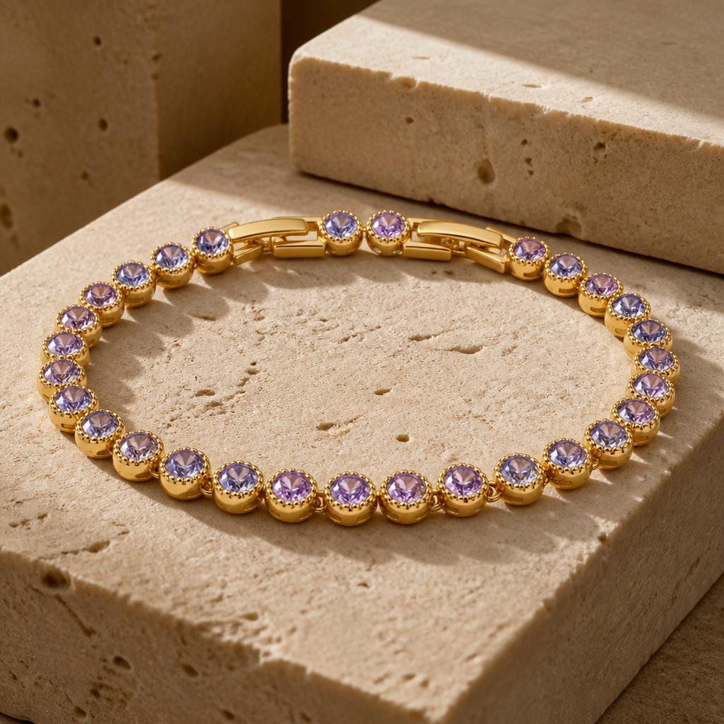 Vintage 18K Gold Plated Copper Purple Zircon Link Bracelet Elegant Women's Fashion Jewelry
