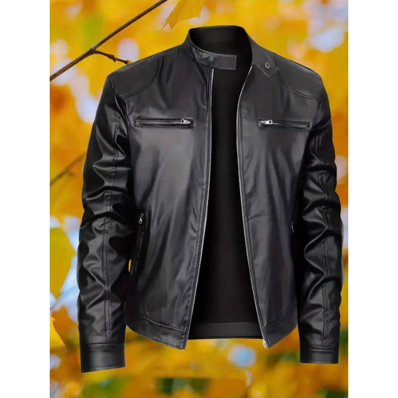 Mens Blue Stand Collar Faux Leather Biker Jacket