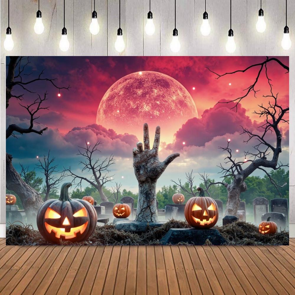 Horror Halloween Blood Moon Zombie Hand Theme Party Photography Background Skeleton Tombstone Pumpkin Lantern Photo Backdrop14