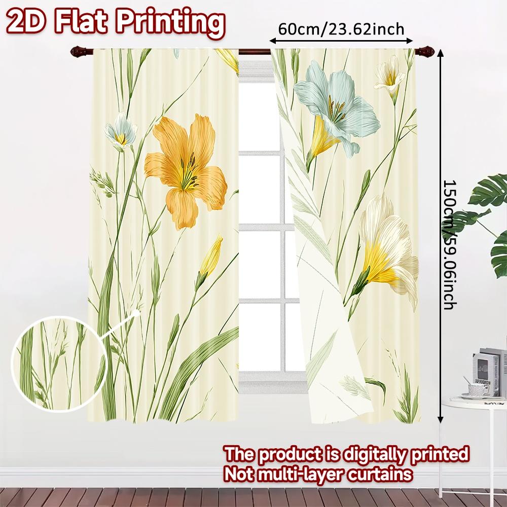 Set Of 2 Minimalist Flat Printing Curtains Without Rod Floral Garden Design New Year Festival Polyester Easy Curtain