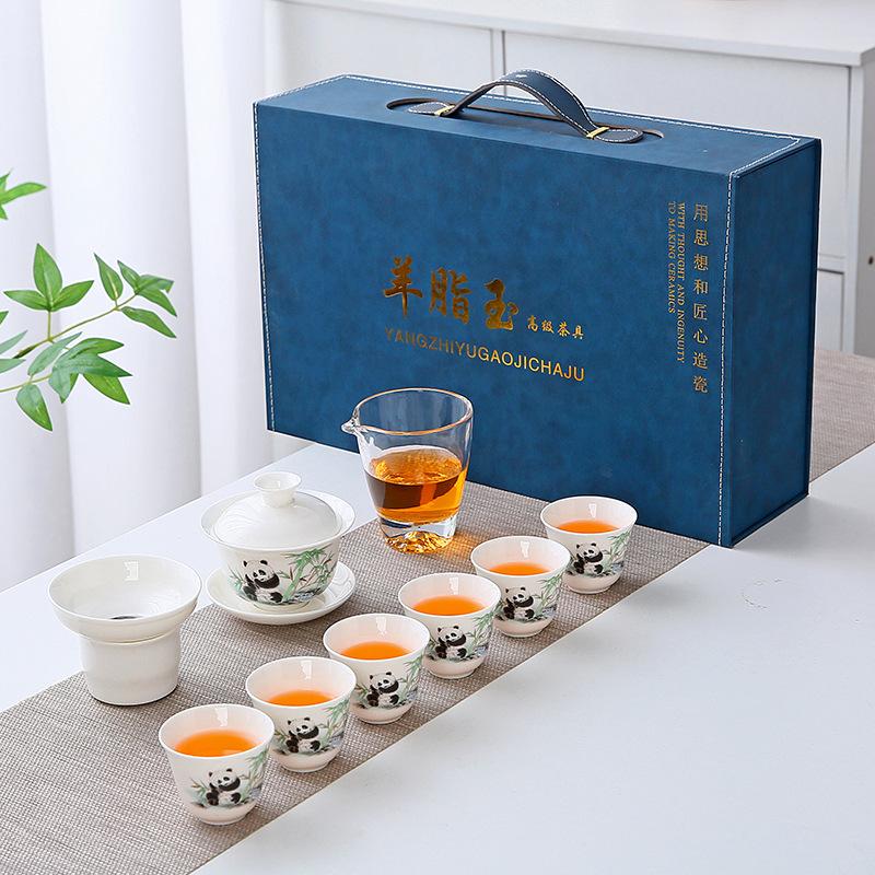High-end suet jade white porcelain set outdoor tea set cover bowl travel set company gifts to customers can be added
