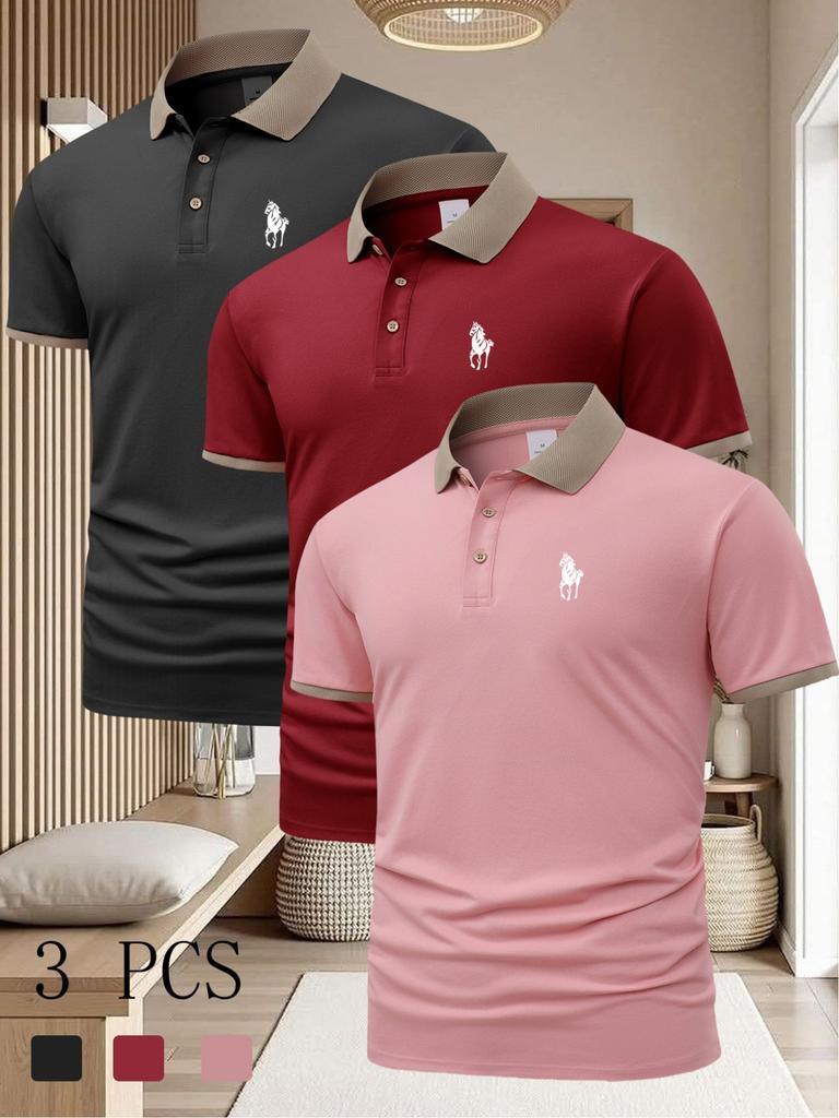 3Pcs Men's Work T Shirts with Horse Print Pattern - Summer Casual Short Sleeve Golf Polo Shirt Collared Top Fashion Casual Daily Business Shirt