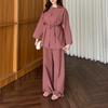  European and  Women's New Button Crew Neck Long Sleeve Lace Up Waist Top Wide Leg Pants Casual Suit