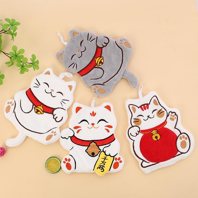Полотенце из кораллового флиса с мультяшным рисунком 'Счастливый кот' для кухни и ванной - Мягкое и безопасное для детей
