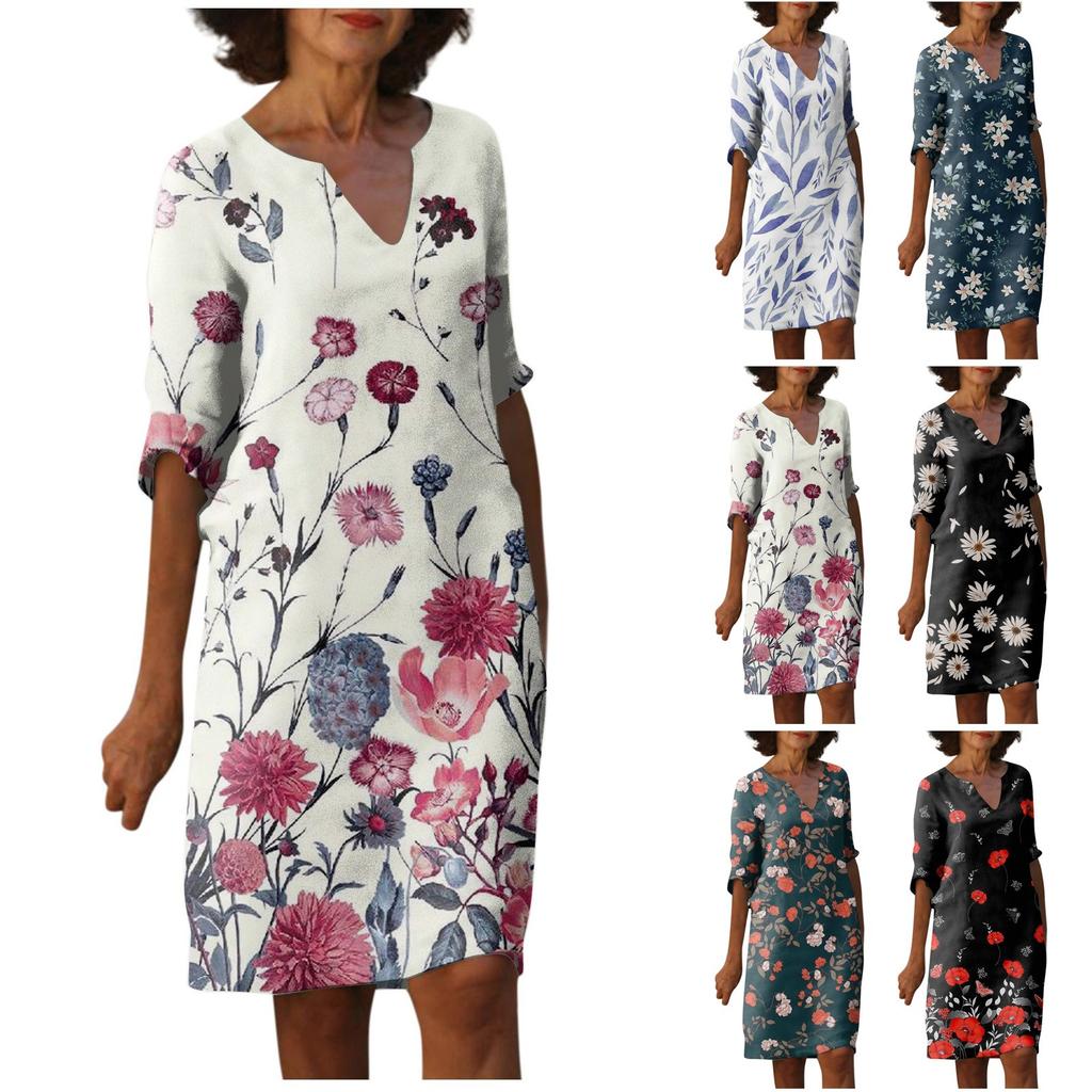 Women's Summer Vintage Print V-neck Half-sleeve Dress Light Breathable Dress