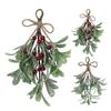 Artificial Mistletoe Branch Christmas Hanging Faux Mistletoe Ornament with Bow Glitter Leaves