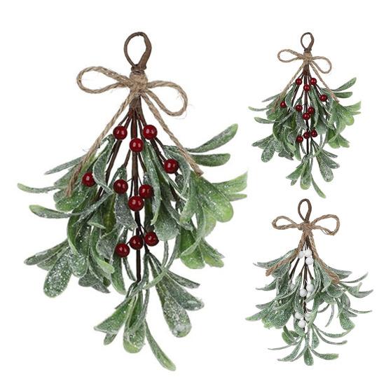 Artificial Mistletoe Branch Christmas Hanging Faux Mistletoe Ornament with Bow Glitter Leaves