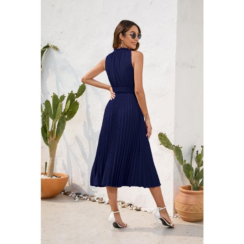 Tie High Waist Pressure Pleated Sleeveless Summer Casual Vacation Travel Dresses