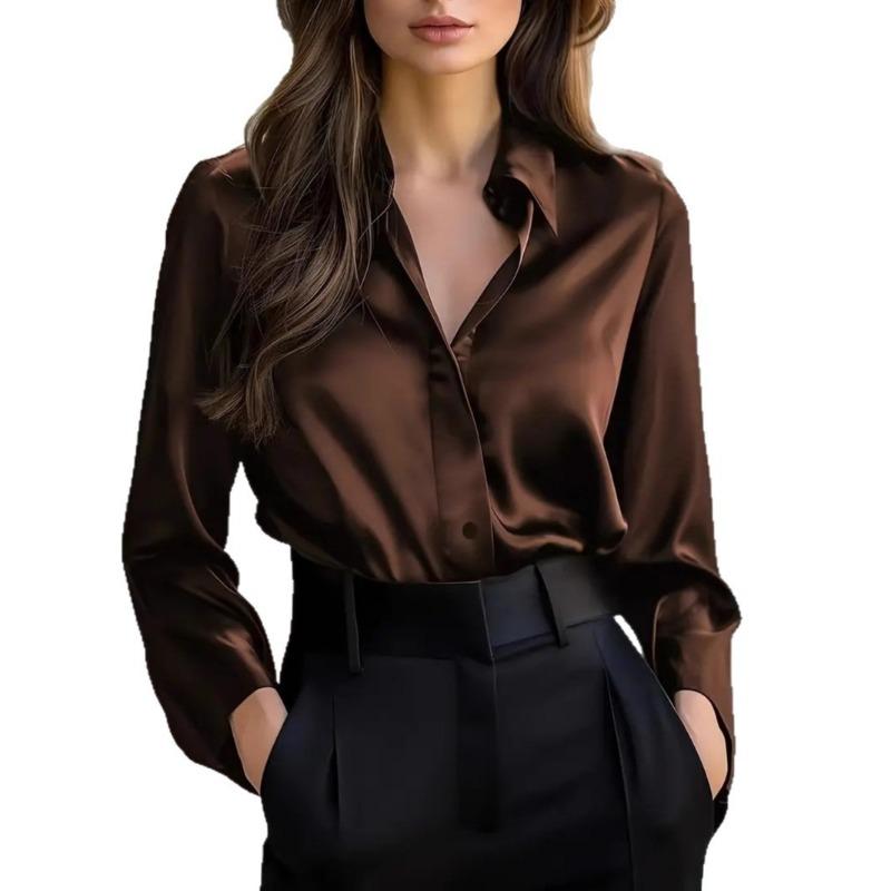 Women S Long Sleeve V Neck Button Down Solid Color Elegant Blouse