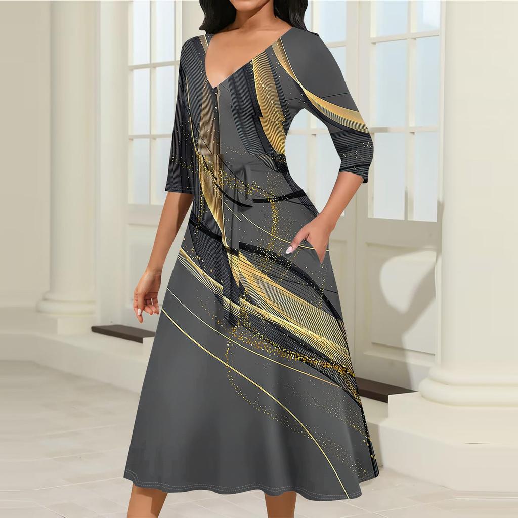 Женское повседневное модное платье миди с V-образным вырезом и рукавом три четверти