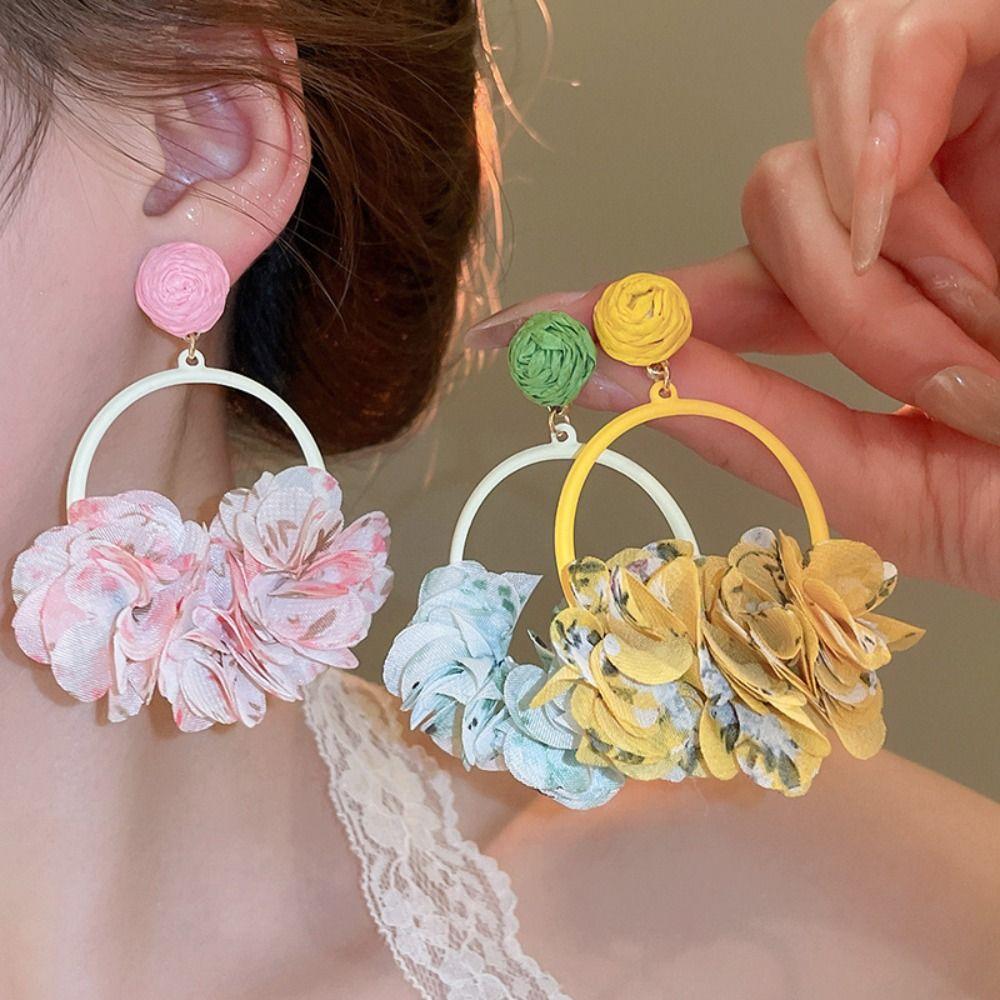 Colorful Fabric Flower Eardrop Sweet Exaggerated Earrings Fashion Mesh Flower Earrings Women
