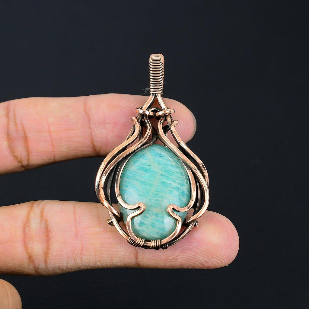 Wonderful Amazonite Gemstone Handmade Pure Copper Wire Wrapped Pendant Jewelry