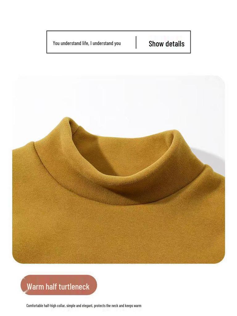 Camel Wool Women's Thick Fleece-Lined Semi-High Neck Top for Autumn/Winter