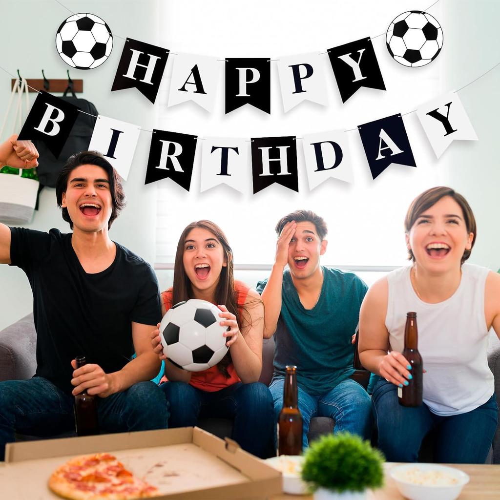Soccer Happy Birthday Banner Black White, Personalized Letters Name Banner Sign, Birthday Garland Wall Door Banners Flag for Boys Girls Party