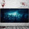 Halloween garage door banner background, full moon horror cemetery landscape with bats, polyester, holiday wall decoration