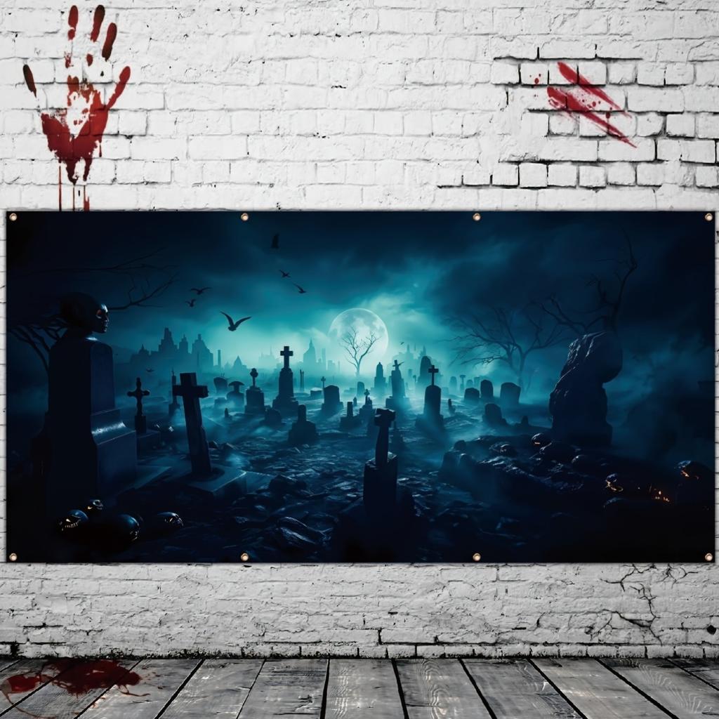 Halloween garage door banner background, full moon horror cemetery landscape with bats, polyester, holiday wall decoration