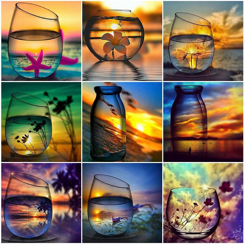 Алмазная вышивка, чашка, алмазная живопись, закат, полная дрель, квадратная мозаика, художественный пейзаж, картина со стразами, домашний декор