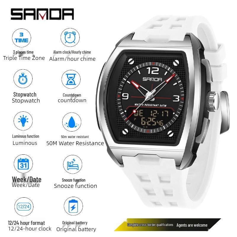 SANDA Стильные Мужские Электронные Часы для Студентов с Двойным Дисплеем и Будильником с Функцией Повтора