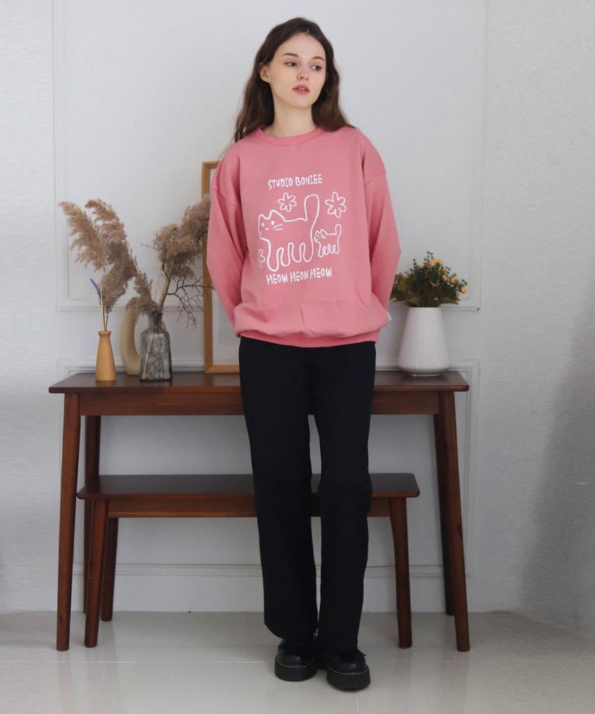 BONIEE [Fleece Lined Selection] Meow Cat Kitten Oversized Sweatshirt Pink