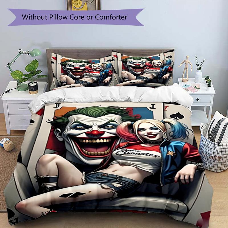 3pcs Duvet Cover Set (1*Duvet Cover + 2*Pillowcase, Without Core), Harley Quinn Joker Print Bedding Set, Bedroom Decor, All‑Season, Birthday Gift