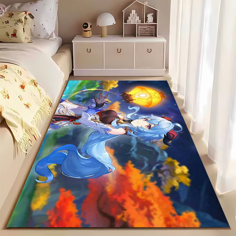 Blue-haired anime girl with lantern design. Non-slip rug suitable for living room and bedroom sofas.