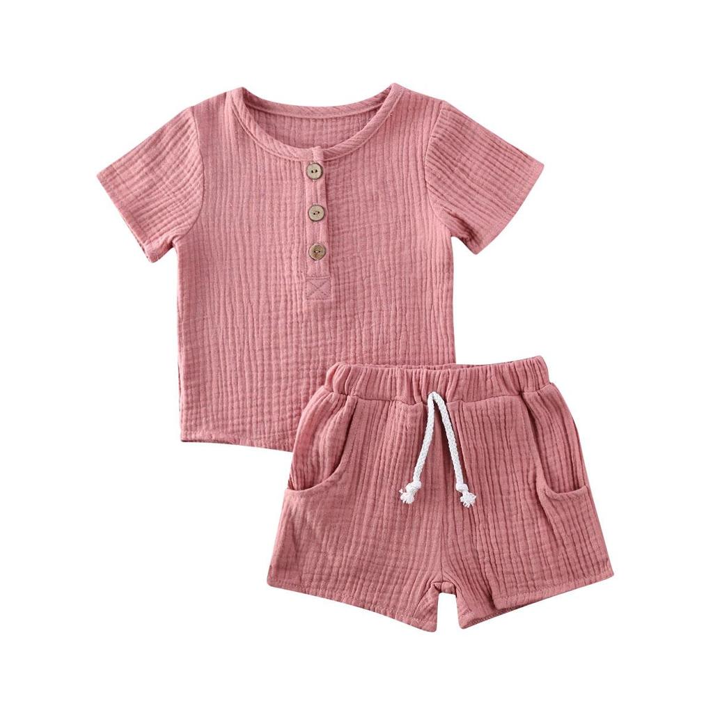 Baby Cute Shorts Set Solid Color Style Round Neck Short Sleeve Button Closure Top Breathable Elastic Breeches Suit