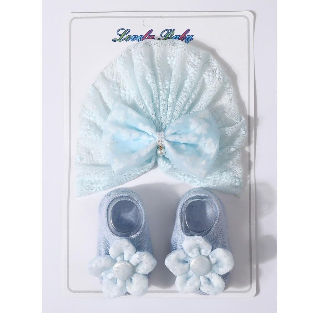 Lace Bowknot Baby Hat Socks Set Anti-Slip Sole Baby Girl Headwrap Set For Newborn