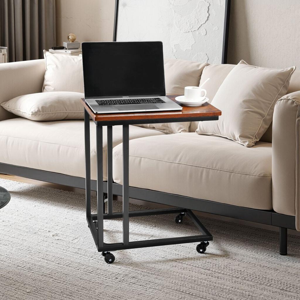 C Table, C Shaped Sofa Side Table with Metal Frame Rolling Casters, Portable C Shaped End Stand for Living Room Bedroom Office, 19.69 x 13.78 x 23.82