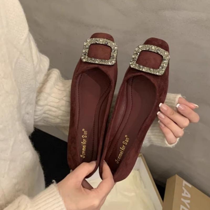 New Women's Flat Shoes Fashionable Rhinestone Square Toe Soft Sole Women's Shallow Mouth Single Shoes Zapatos De Mujer