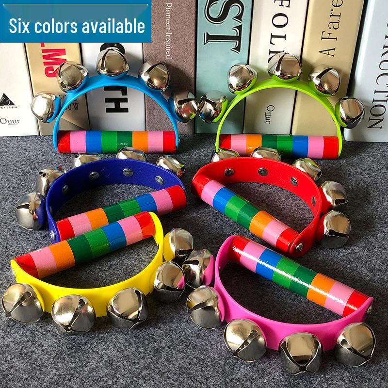 Children's Colorful Wooden Hand Rattle - Educational Toy Instrument with Leather Strap & Five Bells