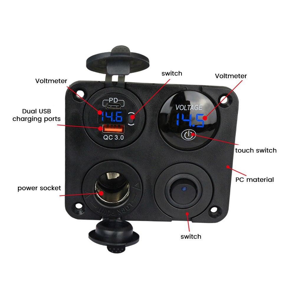 Автомобильное зарядное устройство 4 в 1, панель переключателей, переключатель PD QC3.0, двойная USB-разъем для зарядного устройства, цифровой вольтметр, 12 В, 4,2 А, адаптер питания для кемпера и мотоцикла